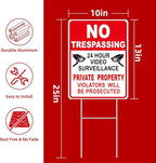 GXGGUS NO Trespassing Signs Private Property Video Surveillance Sign, Large 2-Pack 13"x10" Double-Sided Signs, H-Stake Metal Stakes, Outdoor Yard Sign for Home and Front Door Land, and Garden, Lawn