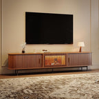 POVISON Sliding Tambour Door TV Stand with LED Lights, Mid Century Modern TV Console, Wood Media Console, Entertainment Center with Storage Cabinet, Fully-Assembled (Walnut, 94.49")