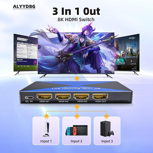 8k@60Hz HDMI Switch 3 in 1 Out Supports DSC 4K@240Hz 3D HDR10+ HDCP 2.3 VRR, ALYYDBG HDMI 2.1 Switcher with Remote for PS4/5 Xbox Nintendo Swtich Roku Fire Stick Apple TV to Connect TV Monitor