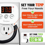 YeloDeer Digital Temperature Controller Outlet, Plug in Thermostat Switch 34-140°F, Timer Range 0h-10h,for Pipe Heating Reptile Greenhouse Aquarium Brewing Seedling Breeding and Hatching 110-120V 10A