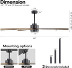 WINGBO 60" Large DC Ceiling Fans with Lights and Remote, 3 Downrods, 8 Plywood Blades, 6-Speeds Reversible DC Motor, 3CCT, Indoor Ceiling Fan for Bedroom Living Room Patio, Black and Gray
