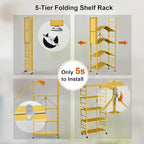Storage Shelves with 20 Hooks, 5-Tier Foldable Shelves for Storage, Folding Shelf Unit Pantry Shelves with Wheels, Standing Shelving Unit for Kitchen Garage Home Office Room Greenhouse, Gold