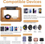 Bamboo Wireless Charging Station, 3 in 1 Charging Station with Light & Clock for Samsung & Android Phone, Wireless Phone Charger Station Only for Samsung Watch