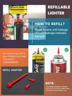 Bright Fire Torch Lighter Butane Refillable, Long Jet Flame Butane Lighter with Long Handle, Adjustable Windproof Lighters for Cooking Fireplace Camping BBQ Lighters Gift for Man (Without Fuel) Black