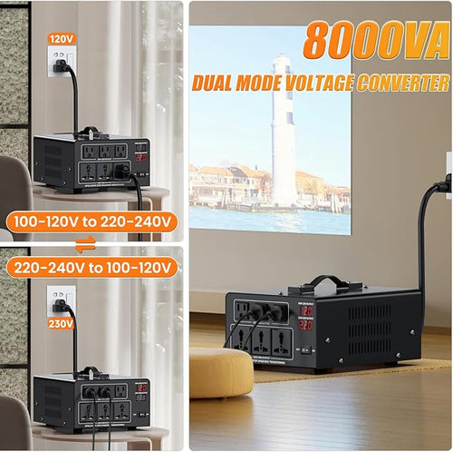 8000W Voltage Converter Transformer Step Up 110V/120V to220V/240V or Step Down 220V to 110V AC Power Converte, Circuit Breaker Protection, 3 US sockets, 3 Universal sockets, LCD Display
