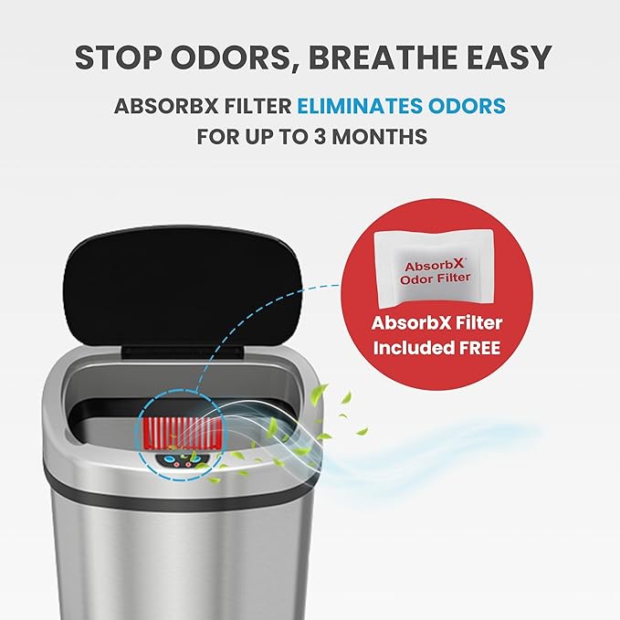iTouchless 13 Gallon Oval Sensor Trash Can with AC Adapter and Odor Filter, Automatic Motion Sensor Kitchen Bin, Soft-Close Stainless Steel, Slim Curved Wastebasket for Narrow Walkways, Matte Silver