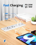 Recessed Power Strip with 20W USB C Port, Fast Charging USB A Port Conference Recessed Outlet, Space-Saver for Furniture Side Table, End Table, Desk Outlet with 6ft Cord, 45° Thin Flat Plug, White