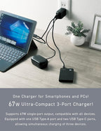 CIO 65W USB C Charger Block, Max 67W GaN Fast Charging Brick w/Dual Type-C Ports & Type-A, USBC Adapter, Multi Travel Charger Block, NovaPort Trio II 2C1A (Black)