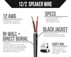 Voltive 12/2 Speaker Wire, in-Wall CL3 & Direct Burial, Black, 500ft - 12AWG, 2 Conductors, Stranded Oxygen-Free Copper, UL Listed - V-1206-5