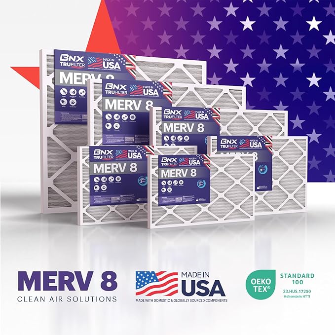 BNX TruFilter 20x20x4 (19.5’’ x 19.5’’ x 3.63‘’ Slim Fit) MERV 8 Air Filter 2-Pack - MADE IN USA - Air Conditioner Furnace Filters HVAC AC Furnace Filters for Dust, Pet, Mold, Pollen MPR 600-700 FPR 5