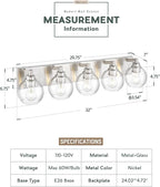 METWET Bathroom Light Fixtures, 5 Light Brushed Nickel Vanity Light, 32 Inch Modern Wall Sconces with Globe Clear Glass Shade, Vanity Lighting Fixtures Over Mirror, VL195-BN-CL-5
