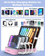 MSTJRY Charging Station for Multiple Devices : 5 Port Multi USB-A Charger Stations Multi-Device Organizer Charging Dock Designed for iPhone iPad Cell Phone Tablets (7 Short Cables Included), Pink