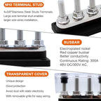 AMOMD 300A Bus Bars 4 Terminal Studs (3/8 inch) M10 Nickel Plated Copper Distribution Block Negative Electrical Buss Bars 12-48 V DC with Cover for Trailer Marine Boat Car RV (Black)