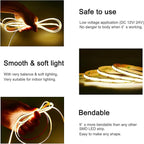 TUNICHX COB LED Strip Lights DC 12V LED Strip Flexible High Density UniformLED Strips,16.4ft 4000K Natural White,CRI 90+,2400LEDs Dimmable Lights for Home Room Decor(No Adapter or Controller)