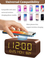 Digital Alarm Clock, with Wooden Electronic LED Time Display, 3 Alarm Settings, 10W Wireless charging, Day of the week, Temperature Detect, Wood Made Digital Clocks for Office, Bedroom, Bedside, Brown