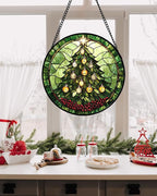 DASTOLL Stained Glass Window Hanging - Green Christmas Tree Golden Bells Suncatcher for Doors Home Christmas Decoration Sun Catcher Thanksgiving New Year Birthday Gift for Women Men Mom Nana 9.8 in