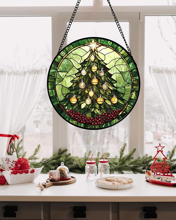 DASTOLL Stained Glass Window Hanging - Green Christmas Tree Golden Bells Suncatcher for Doors Home Christmas Decoration Sun Catcher Thanksgiving New Year Birthday Gift for Women Men Mom Nana 11.8 in