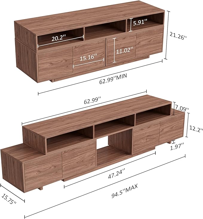 Extendable TV Stand for 65-100 Inches TVs - Walnut Entertainment Console with 2 Cabinets, 3 Open Compartments & 1 Adjustable Shelf, Cable Management, Adjustable Length 63''-94.5'' (Walnut, 63"-94.5")
