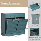Tilt Out Trash Cabinet with Double Hidden Trash Can Holder, Kitchen Free Standing Recycling Cabinet,Dog Proof Trash Can,Wood, Teal