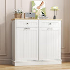 Tilt Out Trash Can Cabinet Dog Proof with Double Wood Hidden Holder, Kitchen Free Standing Recycling Cabinet（White）