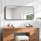 Bathroom Mirror, 48 x 24 inch Black Rectangle Wall Mirror, Metal Framed Rectangular Vanity Mirror, Rounded Corner Wall Mounted Mirror for Modern Bedroom Living Room Horizontal/Vertical