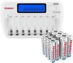 Tenergy Batteries and Charger Bundle, TN162 8-Bay Smart LCD AA/AAA NiMH/NiCd Charger + 8xAA and 8xAAA Premium NiMH Rechargeable Batteries…