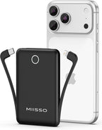 miisso 10000mAh Mini Portable Charger with Built in Cable, Pocket Size Power Bank Travel External Battery Pack for Phone, 3 Output USB Type C Cord Clutch Compatible with iPhone, Samsung, Black