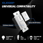 ELEGRP Occupancy Motion Sensor Light Switch, PIR Infrared Motion Activated Wall Switch, No Neutral Wire, Single Pole for CFL/LED/Incandescent Bulb, Wall Plate Included, UL Listed (6 Pack, Matte White)