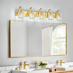 FDPBY Modern Bathroom Vanity Light, 5-Light Gold Wall Sconce with Crystal Accents, Over Mirror Bathroom Lighting Fixture, 42.52" Long Dimmable Vanity Lamp for Makeup, Easy Installation