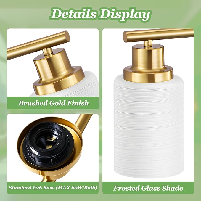 Guliaofo 3-Light Bathroom Light Fixtures, Vanity Lights for Mirror with Textured Milky White Glass Shade, Modern Kitchen Light Fixtures Wall Sconce Light - E26 Base - Brushed Gold