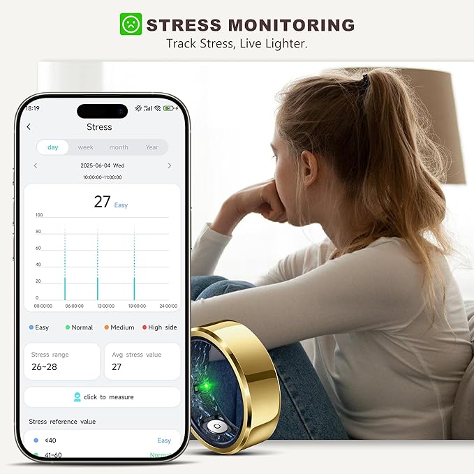 RIFESI Smart Ring for Women Men, Fashion Minimalist Fitness Ring & Sleep Tracker Ring with Heart Rate, Blood Pressure,5ATM Waterproof Health Ring, No Subscription, Gifts for Women Men Gift (Gold,12)