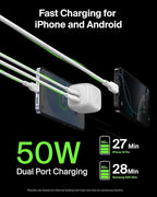 Belkin 2-Port USB C Charger Block 50W, Dual-Port GaN Charger w/ 2X USB C Ports & Included 1M C-C Cable, Fast Charging for MacBook, iPhone, iPad, Chromebook, Galaxy, Pixel - Travel Essentials - White