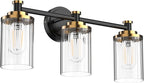 PHIXART Bathroom Lighting Fixtures Black and Gold Bathroom Vanity Light with Cylindrical Clear Stripes Glass Lampshade E26 Socket Base Bathroom Lighting Fixtures Over Mirror (3 Lights)