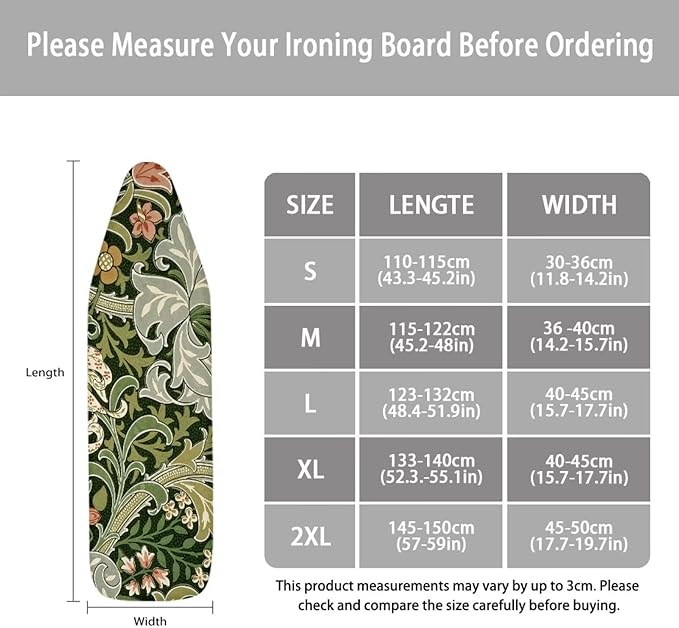 ZXFYGDX Cover for Ironing Board, William Morris Prints Table Top Ironing Board Cover with Nylon Buckle Straps and Elastic Edges Easy to Install, Standard Size Suitable for 17x49 Inch Ironing Board L