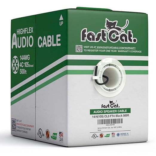 fast Cat. Speaker Wire 14 Guage 4C, UL Listed & CMR/CL3R-FT4 Rated - Speaker Cable w/PVC Jacket, 100% Oxygen-Free Pure Bare Copper - (105) HighFlex 14 Guage Wire - in-Wall Use-500ft Bulk Cable, Black