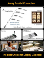 EBD LED Under Shelf Lighting 4-Way 1.2m Splitter Parallel Cabinet Lighting Built-in Adjustable Cable Counter Light Bar 8 Panels Bookcase Lighting Energy 3600Lm 6500K Display Lights for Shelves Closet