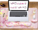 4-in-1 Large Gaming Mouse Pad, Keyboard Wrist Rest Pad & Wrist Support Mousepad Set, Extended Desk Pad Waterproof Desk Mat for Home Office Study Game-Pink Gold Marble