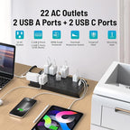TROND Surge Protector Power Strip, 5ft Flat Plug Extension Cord with Multiple Outlets, 22 Widely Spaced AC with USB Ports, 4000 Joules, Heavy Duty, Wall Mount, Under Desk, ETL Listed, Black