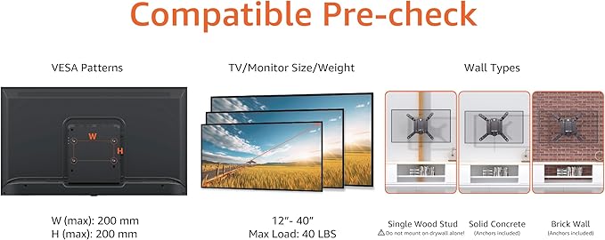 Amazon Basics Tilt TV Wall Mount fits 12-40 inch TVs and VESA 200x200, Black