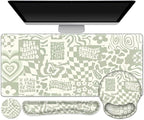 Large Desk Mat, Beige Gaming Mouse Pad, Desk Pad Protector, XXL Mousepad + Keyboard Wrist Rest+Mouse Wrist Rest+Coaster Set with Ergonomic Desk Pad for Home Office PC Computer, Retro Boho Aesthetic