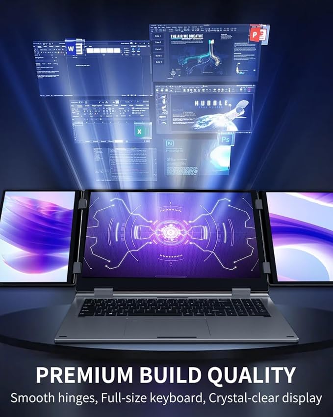 KOOFORWAY Triple Screen Laptop,16” Main + Dual 10.5” Monitors, Core i7-1270P, 32GB RAM,2TB SSD, Win 11 Pro,Wi-Fi 5,BT 5.0,Face & Fingerprint Unlock,USB-C,HDMI for Business/Design/Stock Trading