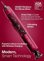 Aquasonic Vibe Series Ultra-Whitening Toothbrush – ADA Accepted Electric Toothbrush - 8 Brush Heads & Travel Case – 40,000 VPM Motor & Wireless Charging - 4 Modes w Smart Timer – Ruby
