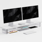 FENSULN Dual‑Tier Monitor Stand for Modern Desk Setup – Minimalist Wooden and Metal Riser Shelf with Transparent Acrylic Feet for Dual Monitors, Laptops, Home Office Aesthetic，White