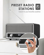 Vintage Wood AM FM Clock Radio with Bluetooth, Digital Clock Radio for Bedroom with LCD Display | 40 Presets | Sleep Timer | No Alarm, Retro Bluetooth Speaker for Office,Home, Kitchen (Black)
