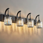 FDPBY 4-Light Crystal Vanity Light, Modern Black Bathroom Wall Sconce with K9 Crystal Shades, 32.67" Long Over Mirror Lighting for Vanity, Makeup, Hallway, Elegant & Easy Install