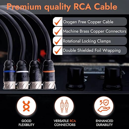 Elite Audio Premium Series 15ft. 4-Channel Car Audio RCA Cable – Double Shielded, Oxygen Free Copper, Noise Reducing Audio Cable for Amplifiers, Subwoofers, Speakers, and Processors – PRM415