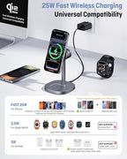 Augnner 3 in 1 Wireless Charging Station, Qi2.2 25W Certified Fast Magnetic Charger, Mag-Safe Wireless Charger Stand with TEC Active Cooling, for iPhone17/16/15/14/13/12, Apple Watch/AirPods