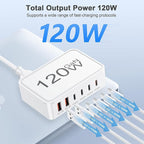 USB C Charger Block, 120W 6 Port USB Charging Station for Multiple Devices, Multi Type C Fast Charging Hub for iPhone 17 16 15 14 Pro Max ipad Samsung Galaxy, Perfect for Travel Home Office, White