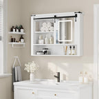 QUW 31" Farmhouse Bathroom Wall Cabinet, Bathroom Medicine Cabinets with Mirror, Over Toilet Wall Storage Cabinet, 3 Lighting Modes, Adjustable Brightness, Jewelry Holder, Sliding Door, White