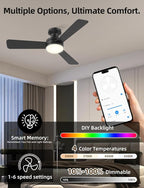 Homlit 42" RGB Ceiling Fan with Light, Music Sync Smart Fan with Alexa/Google/App Control, Low Profile Flush Mount, 6-Speed Quiet DC Motor, 4 CCT Dimmable Lighting for Bedroom Living Room, Black